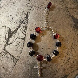 Handmade Bracelet with Red and Black Beads and Silver Cross Charm 8 Inches Long